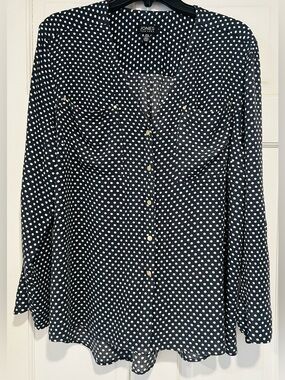 Jones of NY Deep Navy Blue w/ White Polka Dots Flowy Roll Tab Sleeve Blouse XL